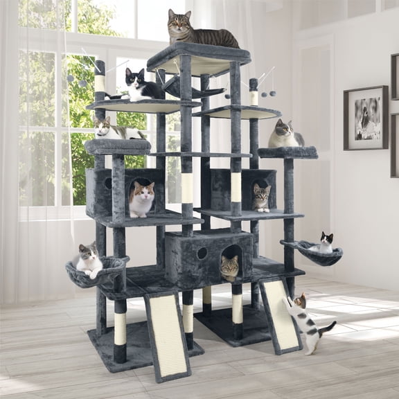 CAPHAUS Extra Large 80-Inch Tall Cat Tree w/Widened Perch for Large Cats, Big Cat Tower Indoor, Modern Multi-Level Activity Tower with Scratching Posts, Condos, Baskets, Hammock, Scratching Ramps