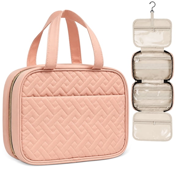 Mber Travel Toiletry Bag for Women and Men, Hanging Makeup Bag Organizer with Clear Compartments for Toiletries Cosmetic, Weekender Travel Bags, Pink