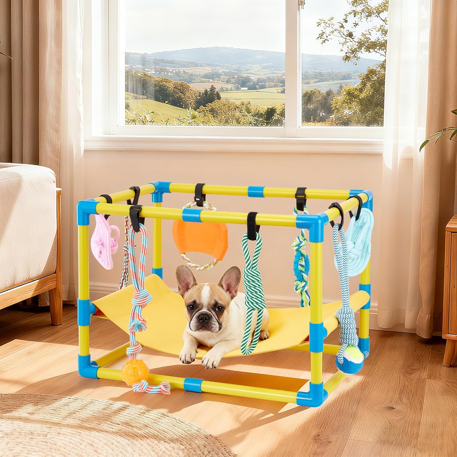 Flymer Puppy Play Gym with 8 Hanging Toys, Jungle Playground Gym for Small Dogs, PVC Frame with Hammock and Funny Enrichment Toys (23x17x17in)