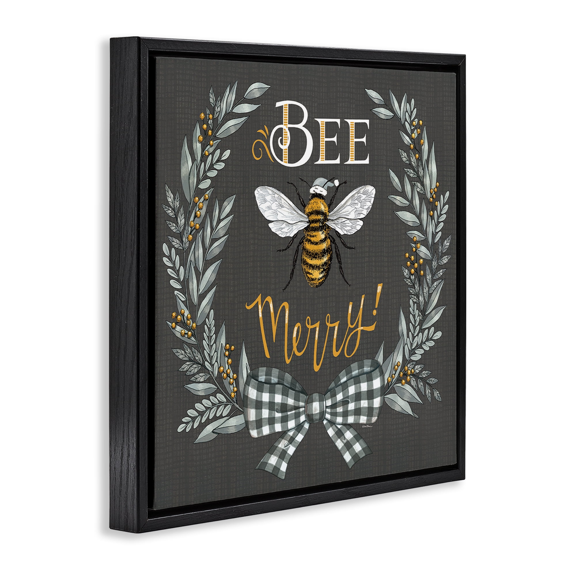 Stupell Industries Bee Merry with Garland Plants & Flowers Painting Black Floater Framed Canvas Art Print Wall Art, 18 x 18