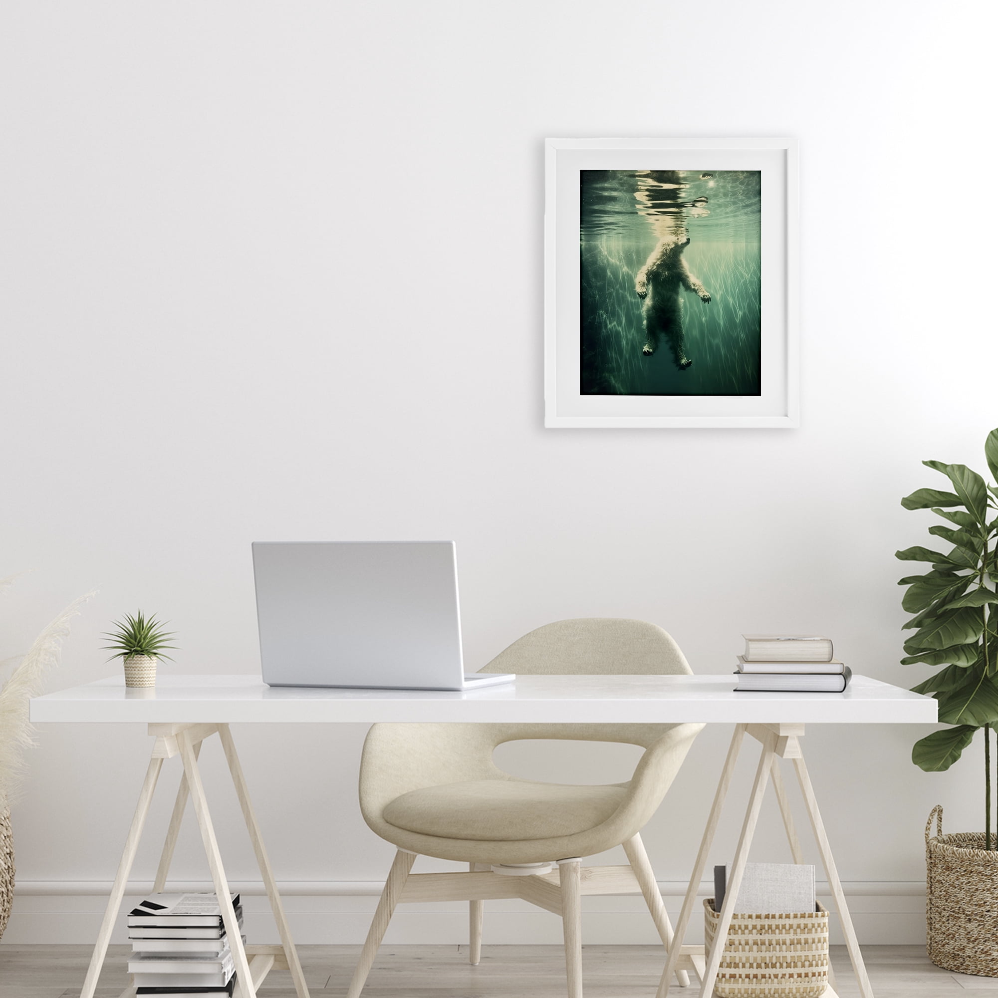 Floating Bear Underwater White Framed Print Under Glass, design by Decent Exposures