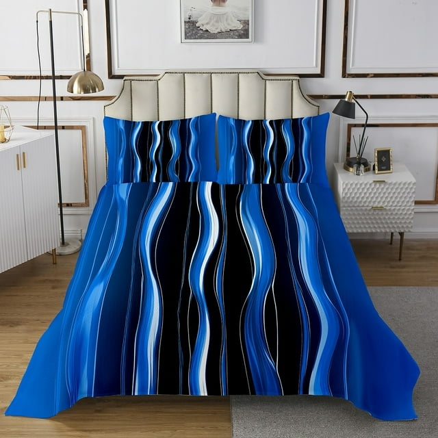 Erosebridal Abstract Geometric Geometry Coverlet Set Queen,Retro Swirl Desgin Bedding Set,Blue Black Bedspread Sets Queen Size,Microfiber Bedroom Decoration,3pcs