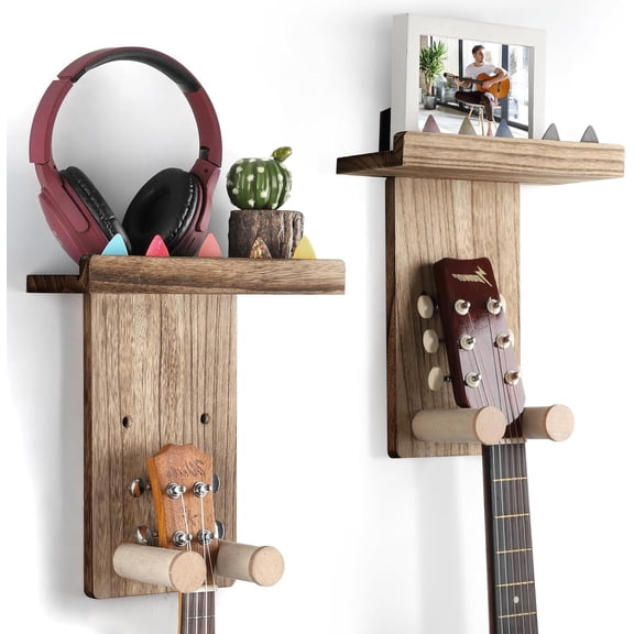 SONGAUN Guitar Wall Mount with Shelf,2Pack Wooden Guitar Holder Hanger Hook Multifunctional Rack Bracket Stand Easy Install for Electric Guitar Bass Acoustic Ukulele Violin Mandolin