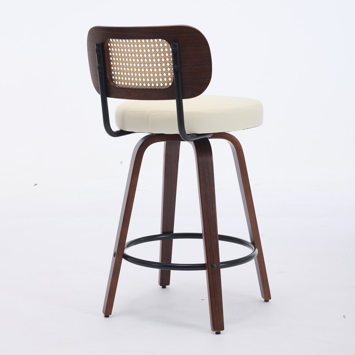 26 Inch Counter Height Swivel Bar Stools, Set of 3 Upholstered Faux Leather Bar Chairs with Walnut Back, Bentwood Legs, Mid Century Modern Island Stools for Kitchen Counter