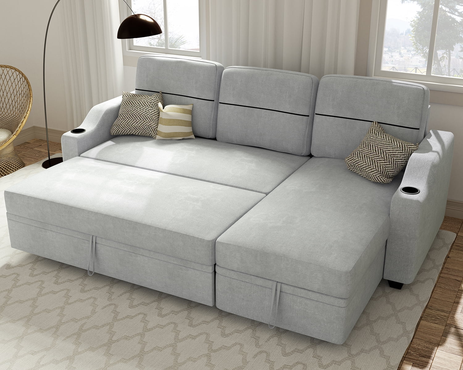 Ucloveria Pull Out Sectional Sofa Bed with Storage Chasie, Cup Holder