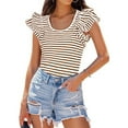 thumbnail image 2 of UYISJ Women's Ruffle Short Sleeve Striped T Shirts 2024 Summer Scoop Neck Slim Fitted Causal Basic Summer Tee Tops Coffee XXL, 2 of 9