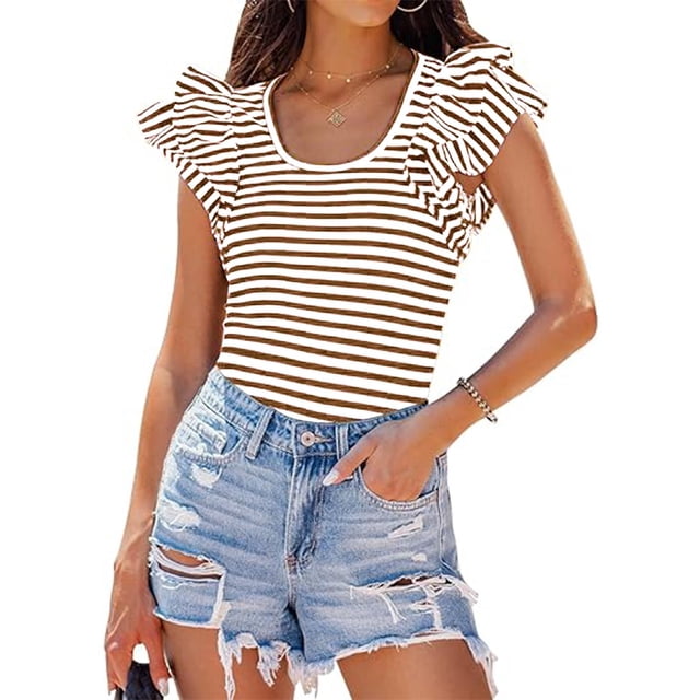 Shorts pour Femmes, Vestes pour Femmes Mode, Mode Femmes Rayures à Volants Décontracté Auto-Cultivation Manches Courtes Col Rond Haut