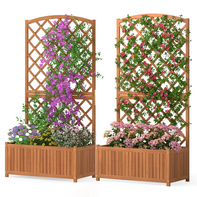 Costway 2 PCS 63" Wood Planter Container with Diamond Trellis, Planter Box, Slat Base