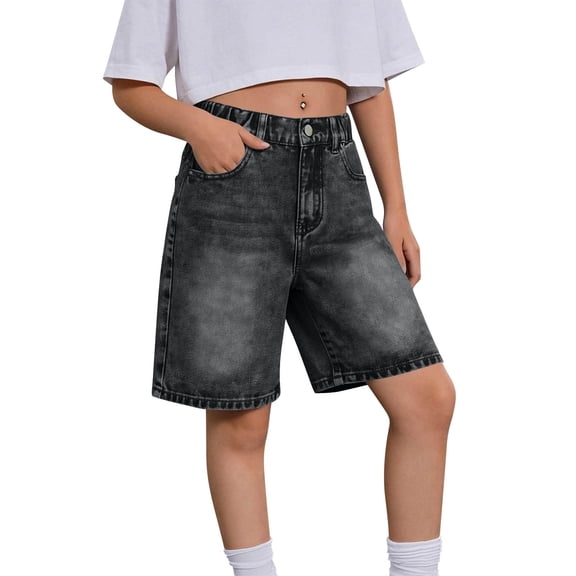 Khunlpohl Girl's Jeans Shorts Elastic Waisted Zipper Button Straight Leg Pants Summer Casual Trendy Outdoor Denim Short Pant
