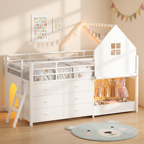 Twin Size Low Loft Bed with 6 Drawers, LED Loft Bed, Clothing Rack with Hanging Rods and Storage Basket, Under-Bed Play Space, House Loft Beds with Safety Guardrail, White