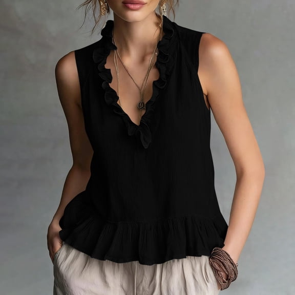 Holzkary Women's Athletic Tank Tops Ruffle V Neck Peplum Tops Pleated Flowy Hem Blouses Crop Ladies Basic Tank Shirt Tunic Top Flowy Loose Fit Cami Solid Color Work Vests Summer Tops for Women