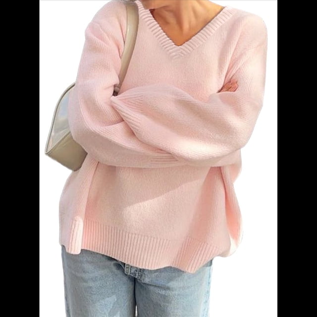 Suéteres de Cuello en V para Mujer, Suéteres Negros, Tops de Punto Básicos de Otoño con Dobladillo Alto y Bajo, Suéter Informal. Rosa L