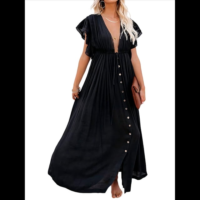 Vestido Informal de Verano para Mujer, Maxivestido con Volantes y Botones, Estilo Bohemio, Túnica Larga. Negro Talla Única
