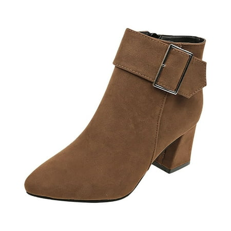 Lilgiuy Women Boots Retro Thick Heel High Heel Shoes Boots Plus Size Zipper BootsBrown 4.5 2022 Fall Winter