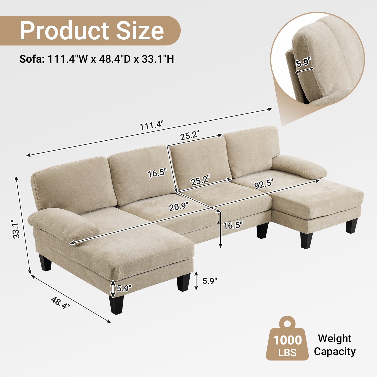Ktaxon U-Shaped Sectional Sofa, 111"  Chenille Couch, 4 Seat Lounge Sleeper with Double Chaise for Living Room Light Brown