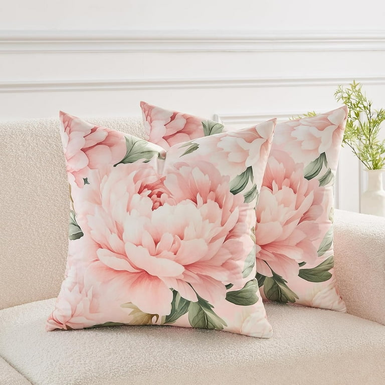 Pink Floral Throw Pillow Covers 20x20 Set of 2, Decorative Peony