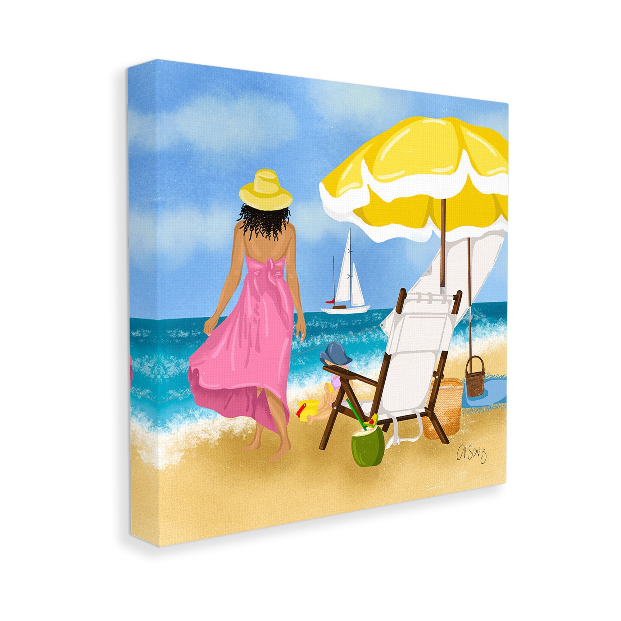Stupell Industries Woman Strolling Beach Landscape Painting Gallery Wrapped Canvas Art Print Wall Art, 30 x 30