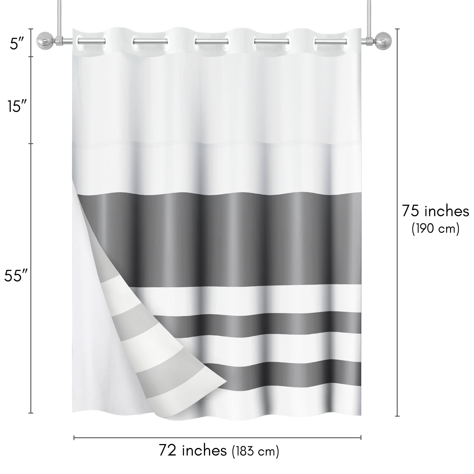 Americanflat 72x75 Hookless Shower Curtain - Abstract Grey White Shower Curtain with Sheer Panel, Snap-In Liner, and Grommets - 100% Polyester