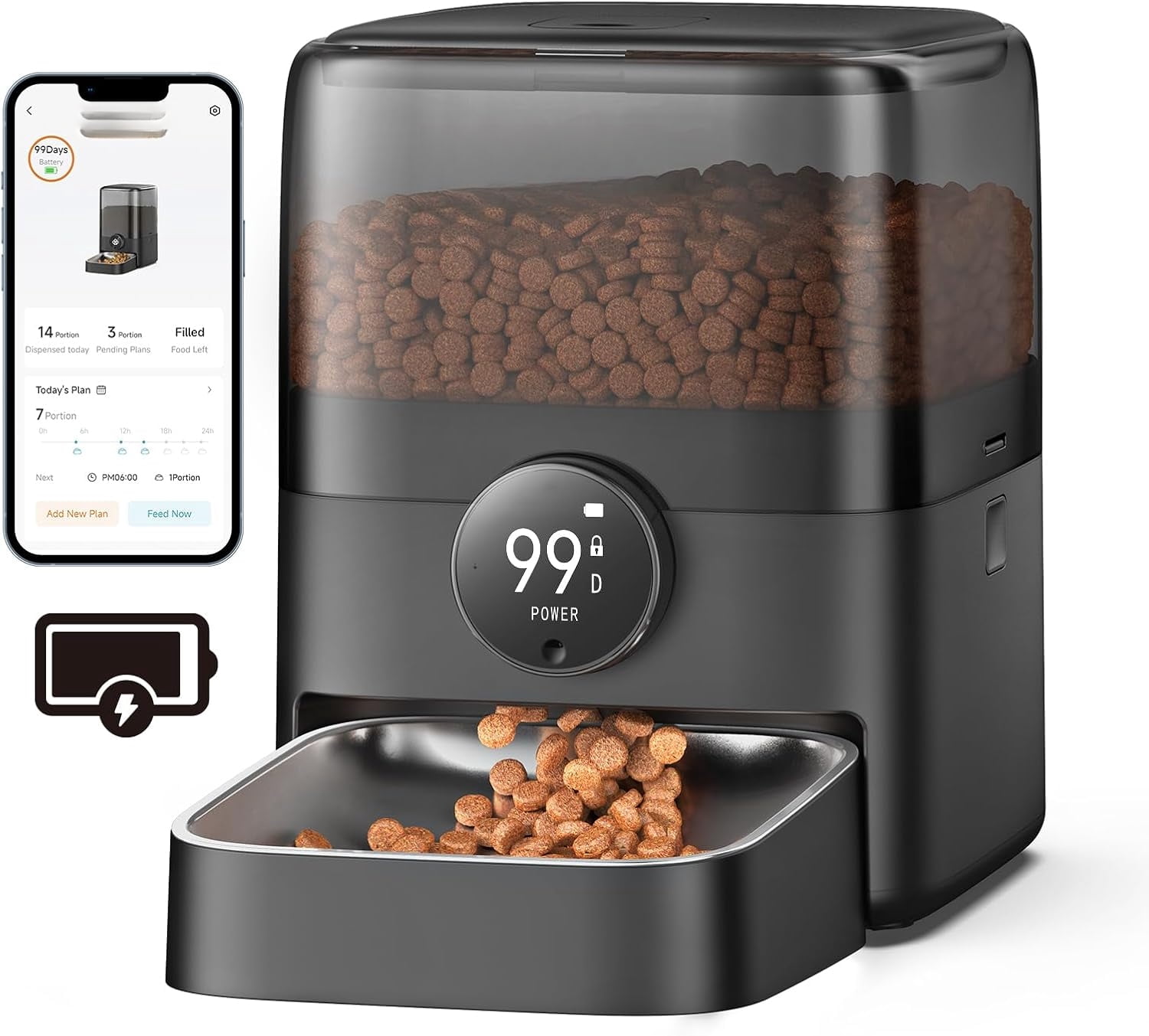 Automatic Cat Feeder, WiFi Rechargeable 100-Day Battery Operated Pet Feeder, 12 Cups/3L Dry Food Dispenser for Large Kibble, Smart App Control (Black)