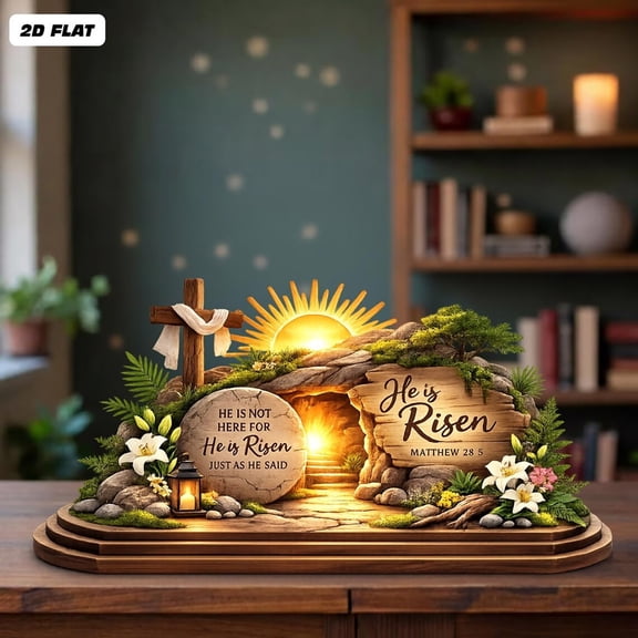 Wooden Empty Tomb Set with Cross, Empty Tomb Easter Scene for Christian Decoration, Wooden Easter Resurrection Scene for Religious Display, Home Office Tabletop Tray, , Shelf Decor