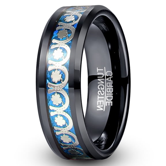 8mm Mens Tungsten Ring with Clover and Horseshoe Pattern Inlaid above Blue Background