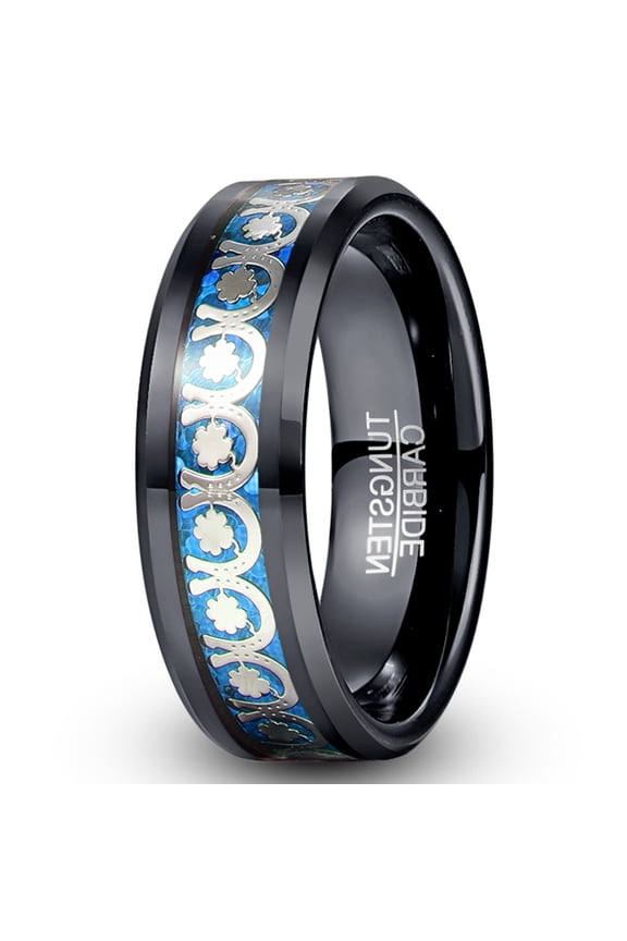 8mm Mens Tungsten Ring with Clover and Horseshoe Pattern Inlaid above Blue Background