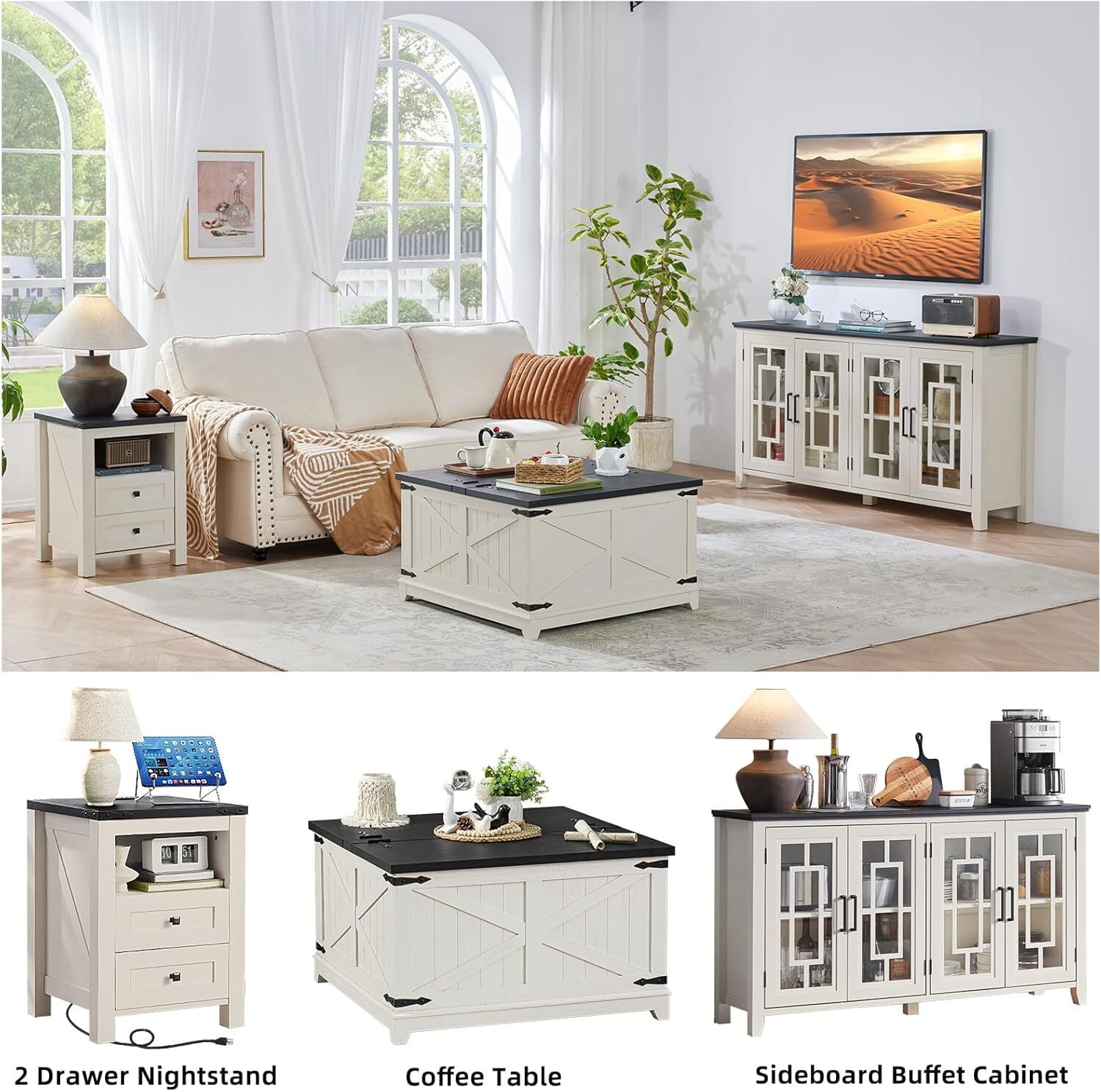 Joaxswe 3 Pieces Farmhouse Living Room Table Sets, 31.5" Coffee Table & 2 End Tables with Charging Station, White