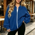 thumbnail image 3 of Full Zip Up Sweatshirt Women No Hood Oversized Loose Casual Long Sleeve V Neck Jacket Fall Winter Sweatshirt Blue XL, 3 of 8