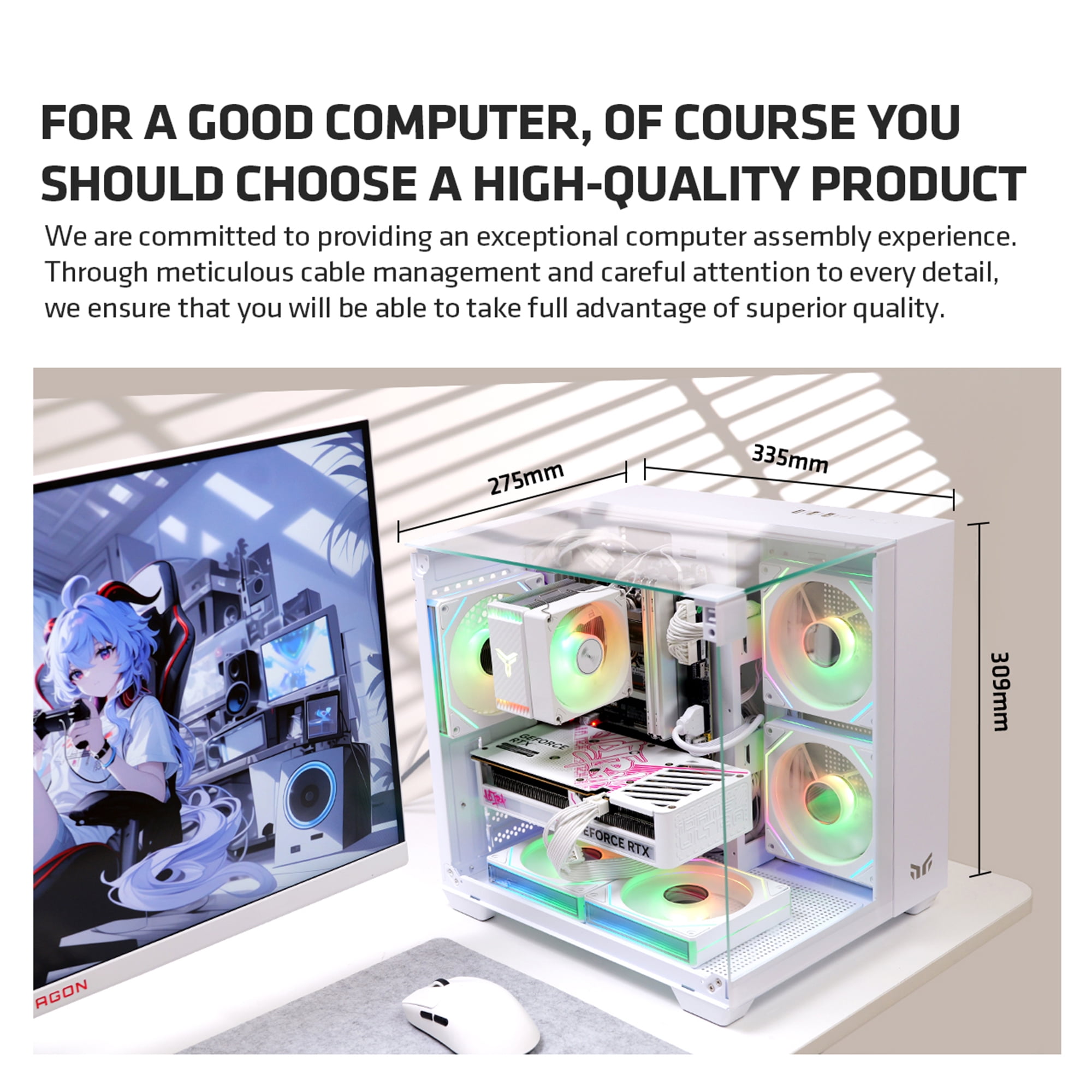 YEAH MAGIC CUBE Gaming computer Case,Tempered Glass ,Three-sided transparent, support MATX, ITX,With 3 RGB Fans, 3D panoramic view, left and right compartments Gaming desktop Case,White