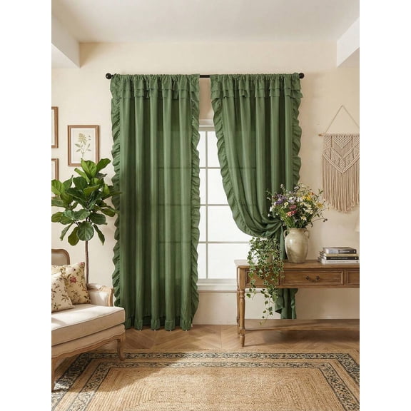 Green Semi-Sheer Ruffle Edge Curtain Panel, Nordic Style Lightweight Sheer Window Treatment For Living Room Bedroom