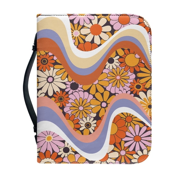 HELLHERO Retro Floral Print Bible Cover with Storage Bookmark Belt Church Bible Bag for Outdoor Study, PU Leather Bible Covers for Bible Study