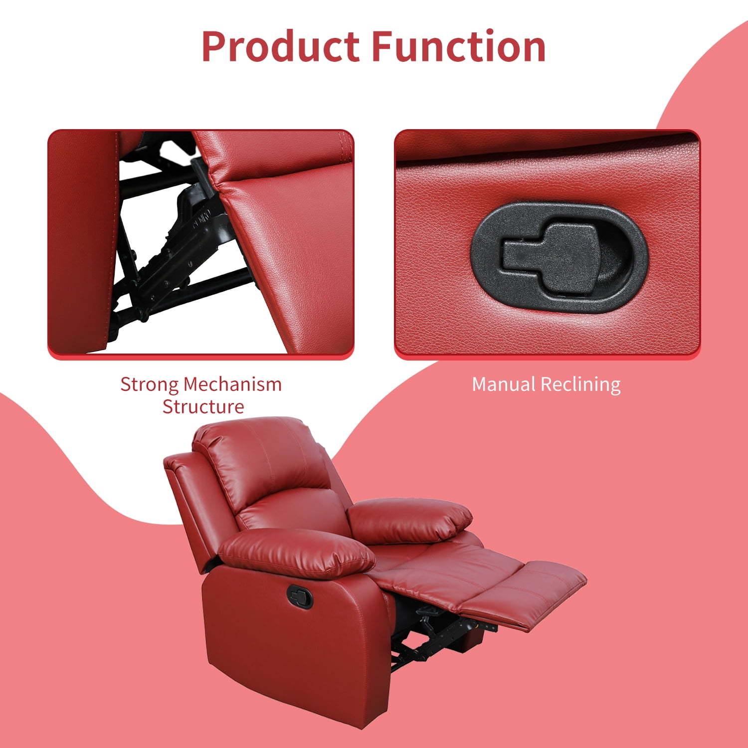 TrumanPick Manual Recliner Chair,Overstuffed Leather reclining Armchair Home Theater Recliner Sofa for Living Room,Red