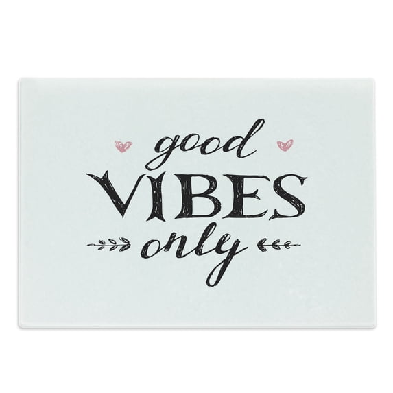 Chill Cutting Board, Hand Drawn Lettering Inspirational Phrase on White Backdrop Leaves Hearts, Decorative Tempered Glass Cutting and Serving Board, Large Size, Black White Pink, by Ambesonne