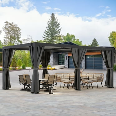 Dextrus Outdoor Louvered Pergola 20x10 ft Patio Hardtop Gazebo with Netting and Shaded Curtains Sun Shade Shelter with Metal Adjustable Roof for Patio, Backyard, Deck and Lawns, Gray
