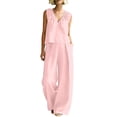 thumbnail image 2 of Mifsaly Two Piece Linen Sets for Women Sleeveless Pleated V Neck Top and Flowy Long Pants with Pockets Dressy Casual Summer Travel Vacation Outfits Pink,L, 2 of 8