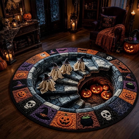3D Rugs Halloween Area Rug 47.2in - Non-Slip Base & Soft Plush Surface, Quilted Round Rug 3D Illusion for Entryway & Living Room (#G)