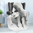 thumbnail image 4 of Feminine Soft Flannel Fleece Blanket, Portrait of Girl in Watercolor Painting Effect Femininity Theme Creative Modern, Cozy Plush for Indoor and Outdoor Use, 70" x 90", White Black, by Ambesonne, 4 of 5