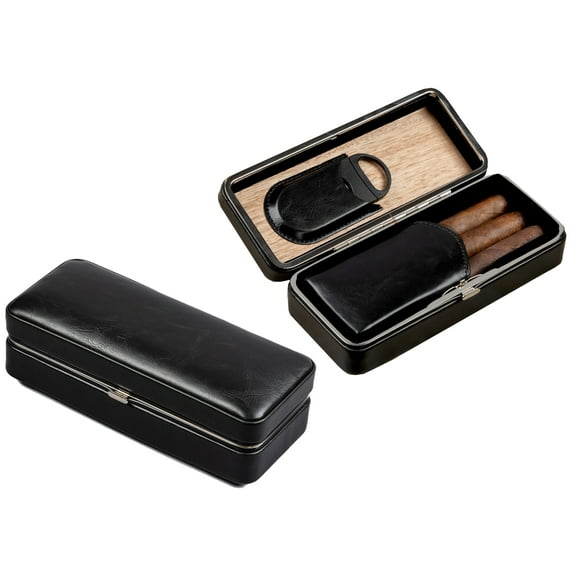 3 Cigar Folding Leather Travel Case w/ Cutter - Black