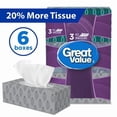 thumbnail image 1 of Great Value, Facial Tissues, 6 Flat Boxes, 88 Tissues per Box, 3Ply, 528 Tissues in total, 1 of 5