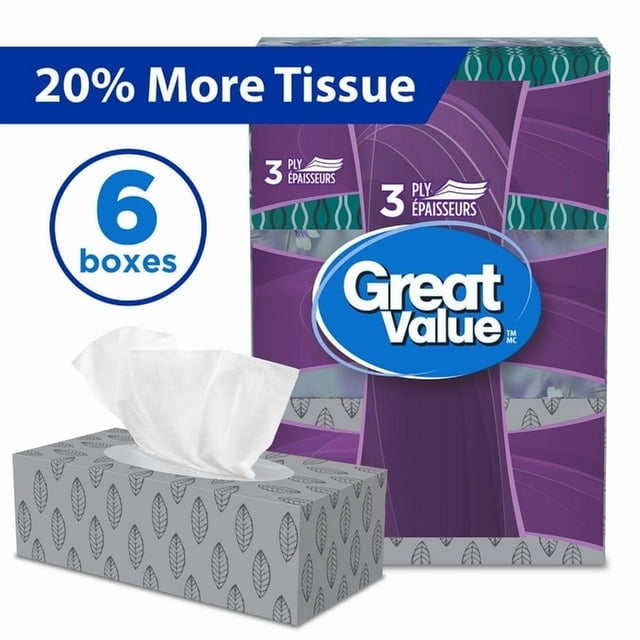 Great Value, Facial Tissues, 6 Flat Boxes, 88 Tissues per Box, 3Ply, 528 Tissues in total