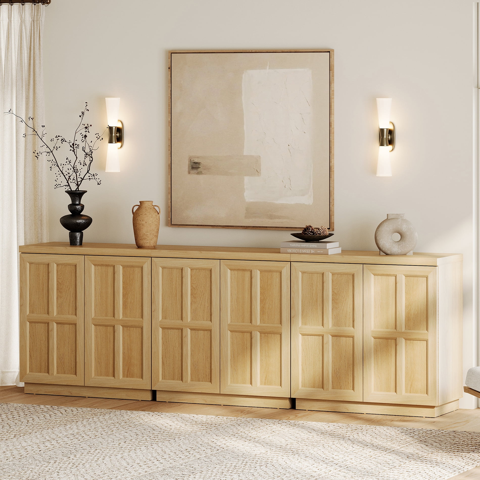 HOMOOI 3-in-1 Sideboard Buffet Cabinet with Cabinets and Adjustable Shelves,Boho 94.5" Heavy-Duty Wood Coffee Bar Cabinet,Modern Console Table for Kitchen, Dining Room, Living Room,Oak