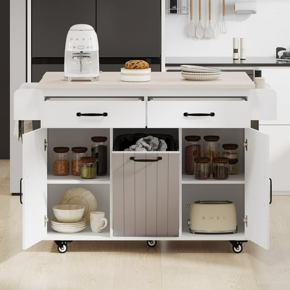 Rolling Kitchen Island with Trash Can Storage Cabinet,Mobile Kitchen Cart with Drop Leaf, Adjustable Spice Rack, Towel Rack and Drawer, White Oak