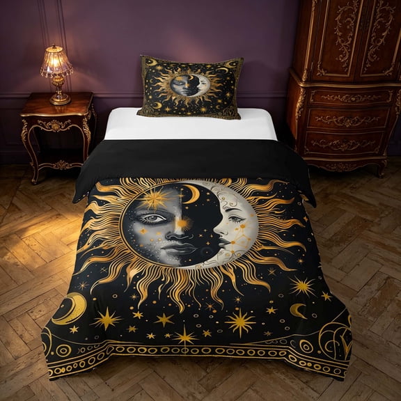 Homewish Hippie Sun Moon Twin Duvet Cover, Glitter Stars Twin Bedding, Black Gold, Black Reversible 2 Pieces, 1 Duvet Cover and 1 Pillowcase