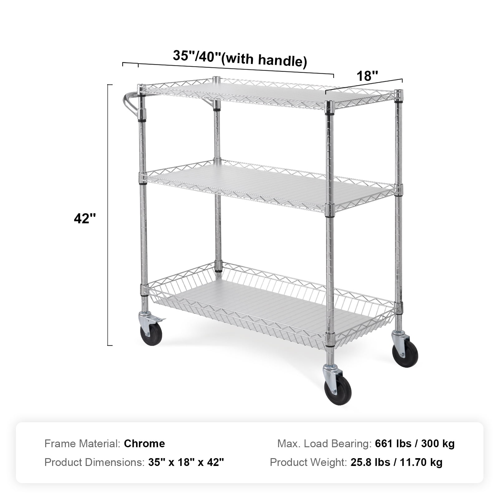 KFFKFF 3-Tier Utility Cart Rolling Cart on Wheels 661 lbs 35"x18"x35.5"6 Hooks
