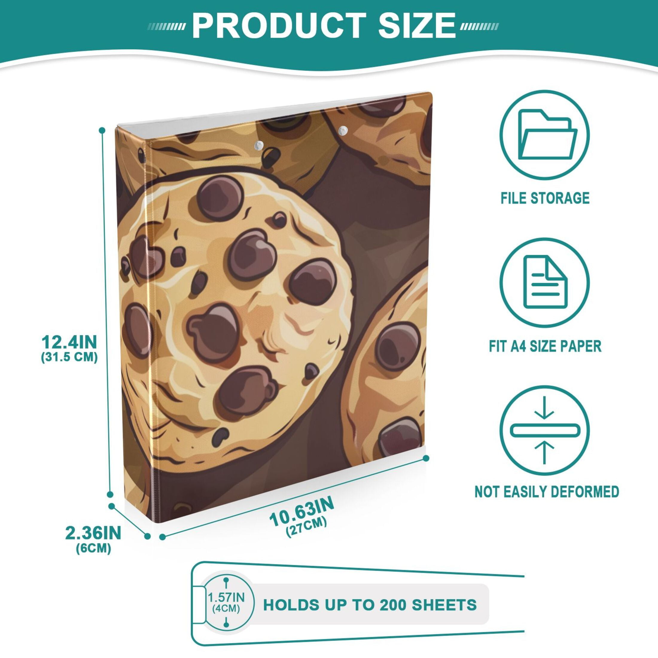 Chocolate Chip Cookies 3 Ring Binders 1.5 inch Hardcover File Folders with Interior Pockets A4 Size Organizer for School Office Hospital