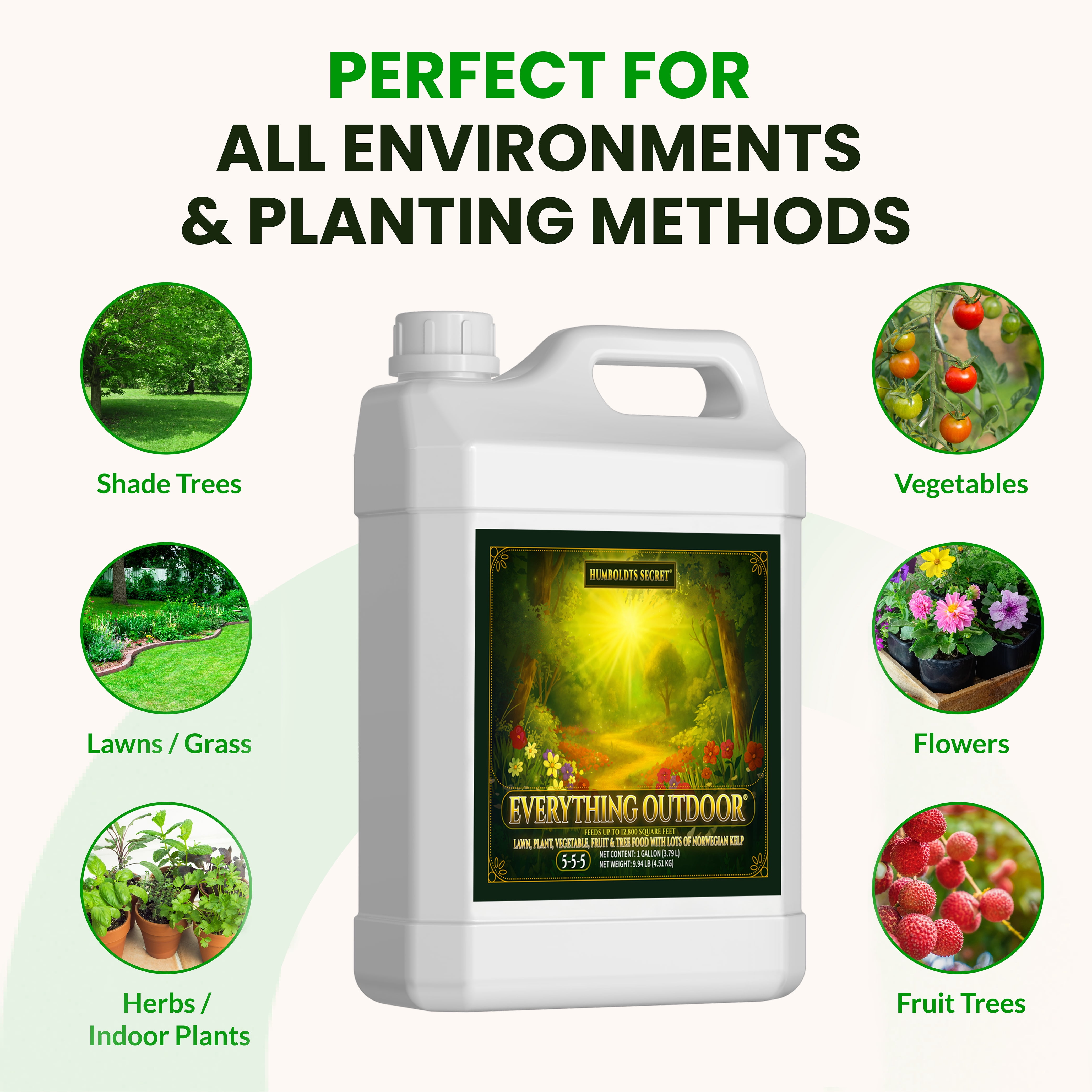 Humboldts Secret Everything Outdoor Plant Food | 5-5-5 Liquid Fertilizer with Norwegian Kelp | All Purpose Lawn, Vegetable & Fruit Food | Garden Nutrients | Refillable Hose End Bottle | 1 Gallon