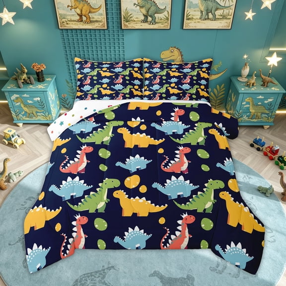 Feelyou Egg Dinosaur Full Size Comforter Sets for Kids Boys Girls, Ancient Wildlife Bedding Sets, Navy, Polkadot Reversible, 3-Piece