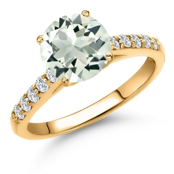 Gem Stone King 10K Yellow Gold Green Prasiolite and Lab Grown Diamond Engagement Ring for Women | 2.05 Cttw | Round 8MM | Gemstone Birthstone | Size 5