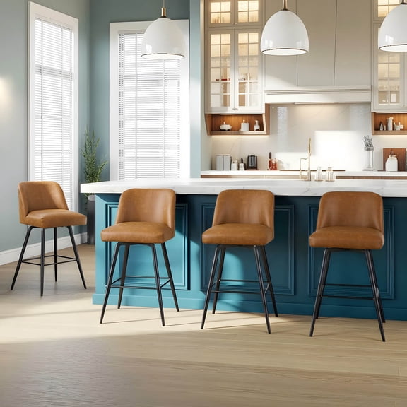 L'AGRATY Modern Bar Stools Set of 4, 26" High-Back Counter Stools, Faux Leather Upholstery, for Kitchen Island, Home Bar, Brown