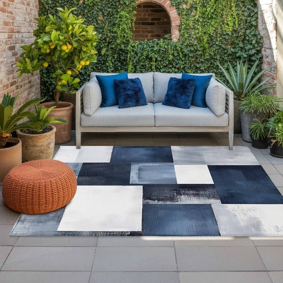 Outdoor Rug 3x5ft Navy Blue Black Large Area Rug Ombre Modern Abstract Indoor Outdoor Carpet Outdoor Rugs Mats for Patio Camping,RV,Front Door, Outside Decor